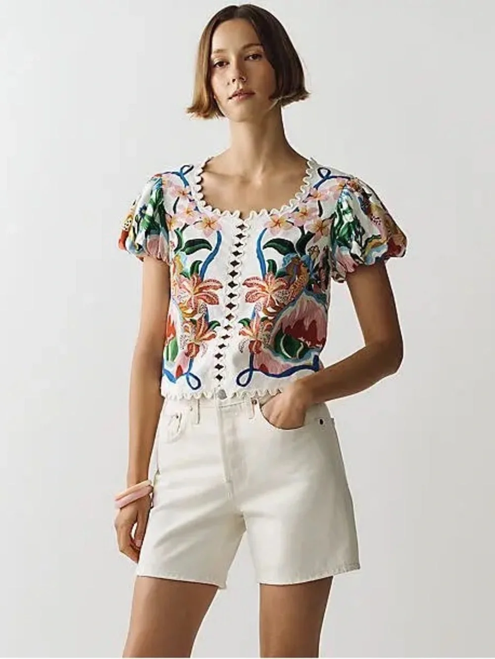 NWT Farm Rio Garden of Life Scalloped Linen Blend Blouse Size S